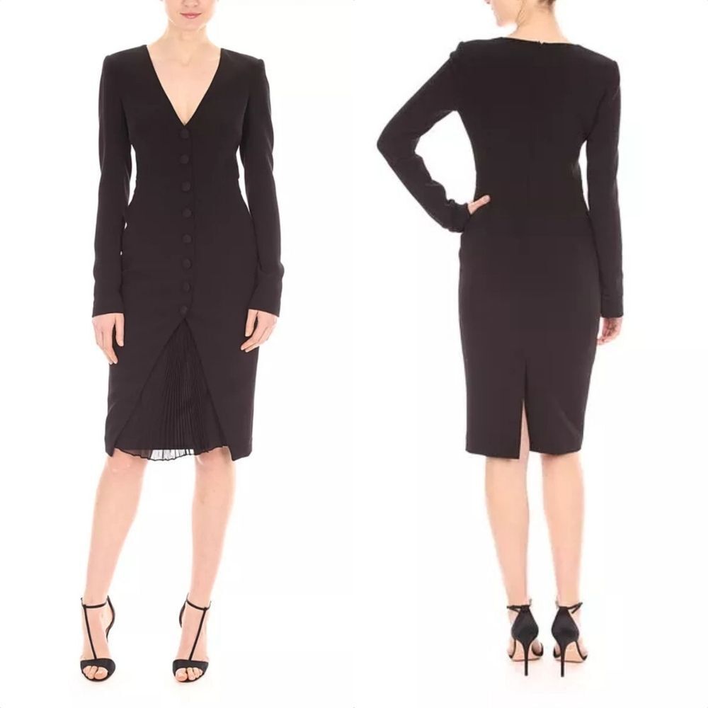 Badgley Mischka Tailored Buttoned Long Sleeve Pleated Midi Dress In Black